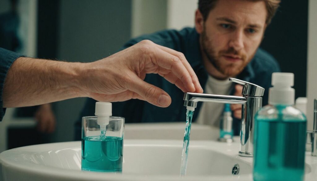 Person using mouthwash in front of a bathroom sink and mirror, demonstrating proper oral hygiene routine.