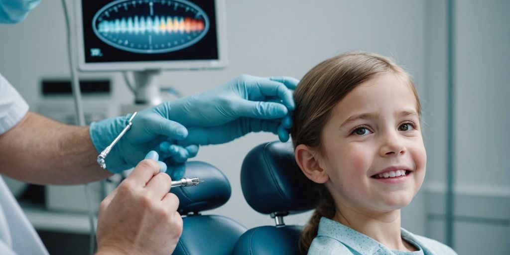 Dentist examining child's teeth for early orthodontic issues