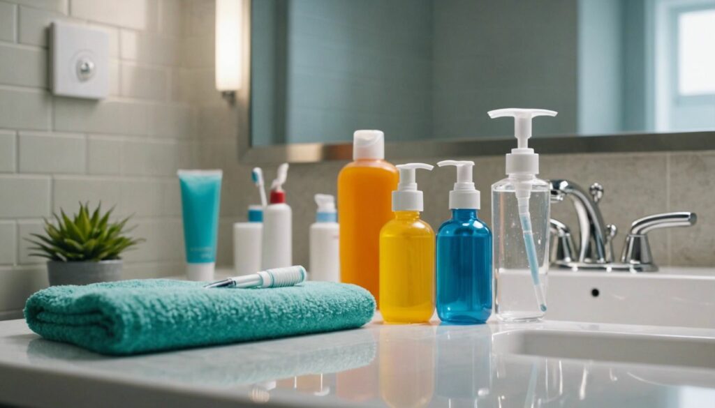 A clean bathroom countertop with toothbrushes, toothpaste, floss, and mouthwash, representing essential items for home dental care.