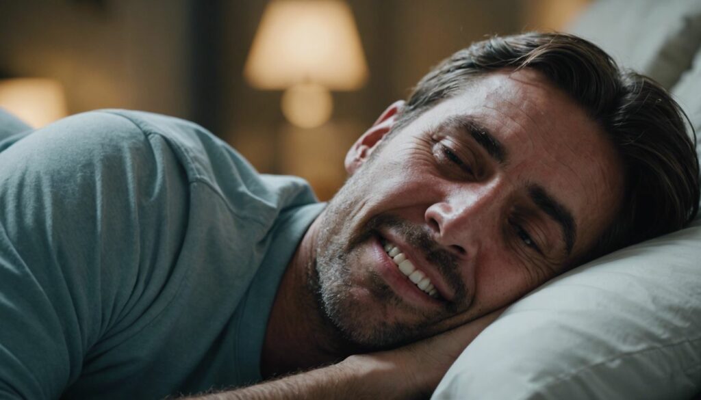 A person sleeping with a worried expression, showing teeth grinding, representing bruxism and its effects.