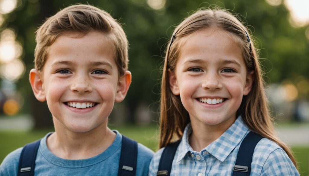 Child and adult smiling with braces, highlighting differences and benefits of orthodontic treatment for kids and adults.