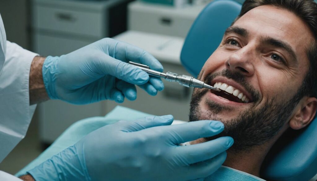 Dentist performing root canal treatment on a patient, with dental tools and equipment in view.