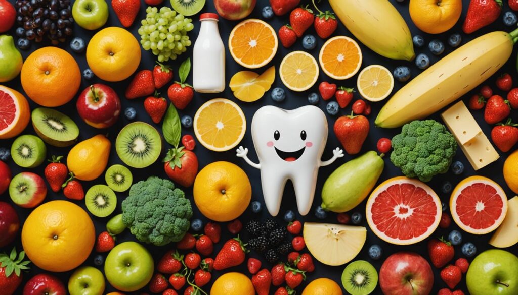 Healthy foods like fruits, vegetables, and dairy surrounding a smiling tooth cartoon, promoting good dental health through nutrition.