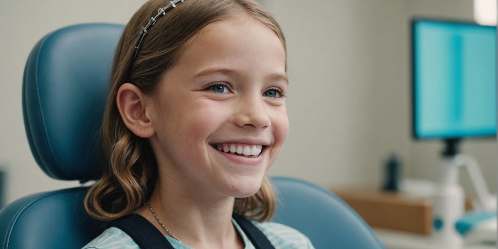 Child with braces smiling at dental clinic