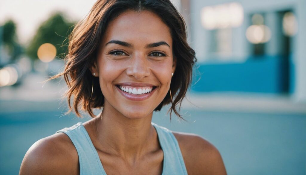 A close-up of a bright, confident smile with sparkling white teeth, symbolizing dental health and effective teeth whitening.