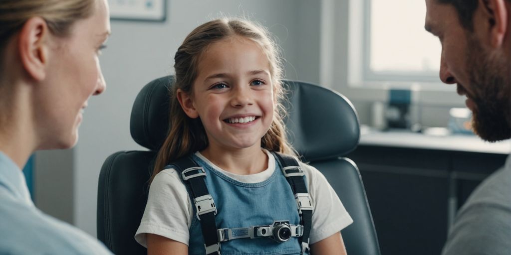 Parents helping child with braces in orthodontic clinic