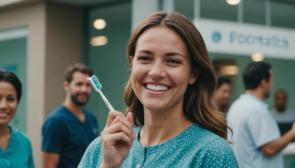 Pregnant woman smiling and holding a toothbrush in a dental clinic, emphasizing dental care during pregnancy.