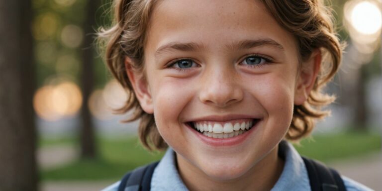 Child with braces smiling, dental care tips