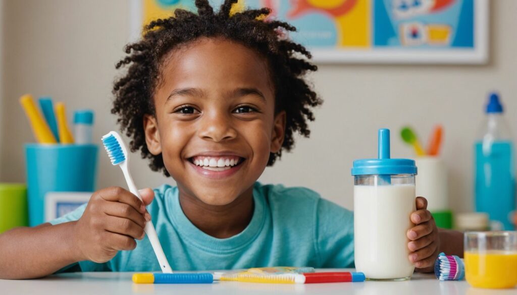 Smiling child with clean milk teeth, surrounded by toothbrush, toothpaste, and floss, emphasizing dental care importance.