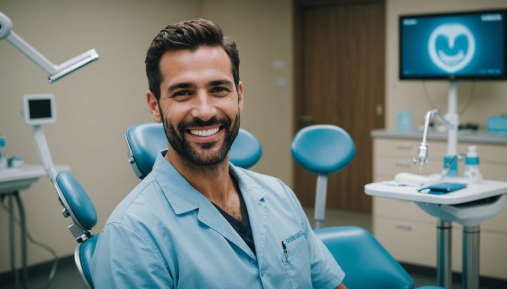 Friendly dentist in modern clinic holding dental tools, patient chair in background.