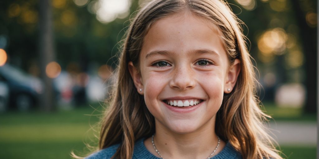 Child with braces smiling confidently, feeling happy.