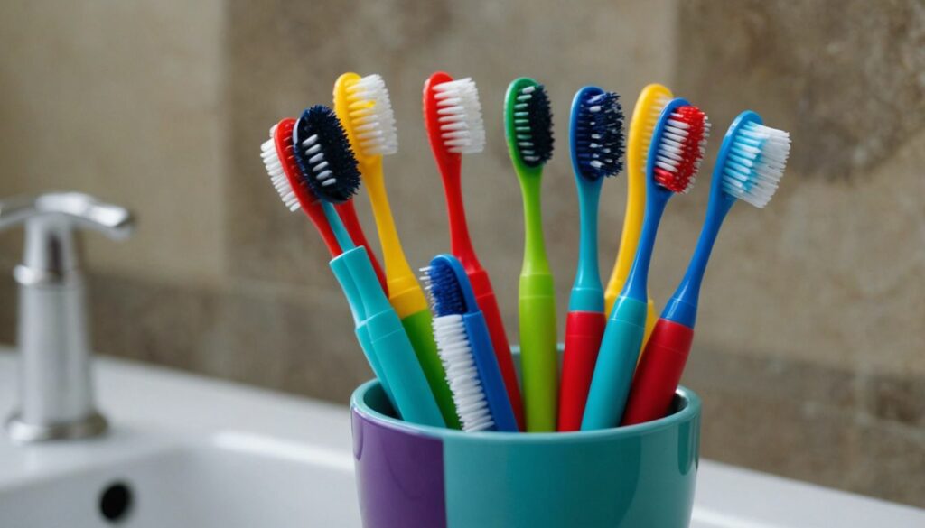 A variety of colorful toothbrushes in a cup on a bathroom counter, showcasing different bristle types and designs.